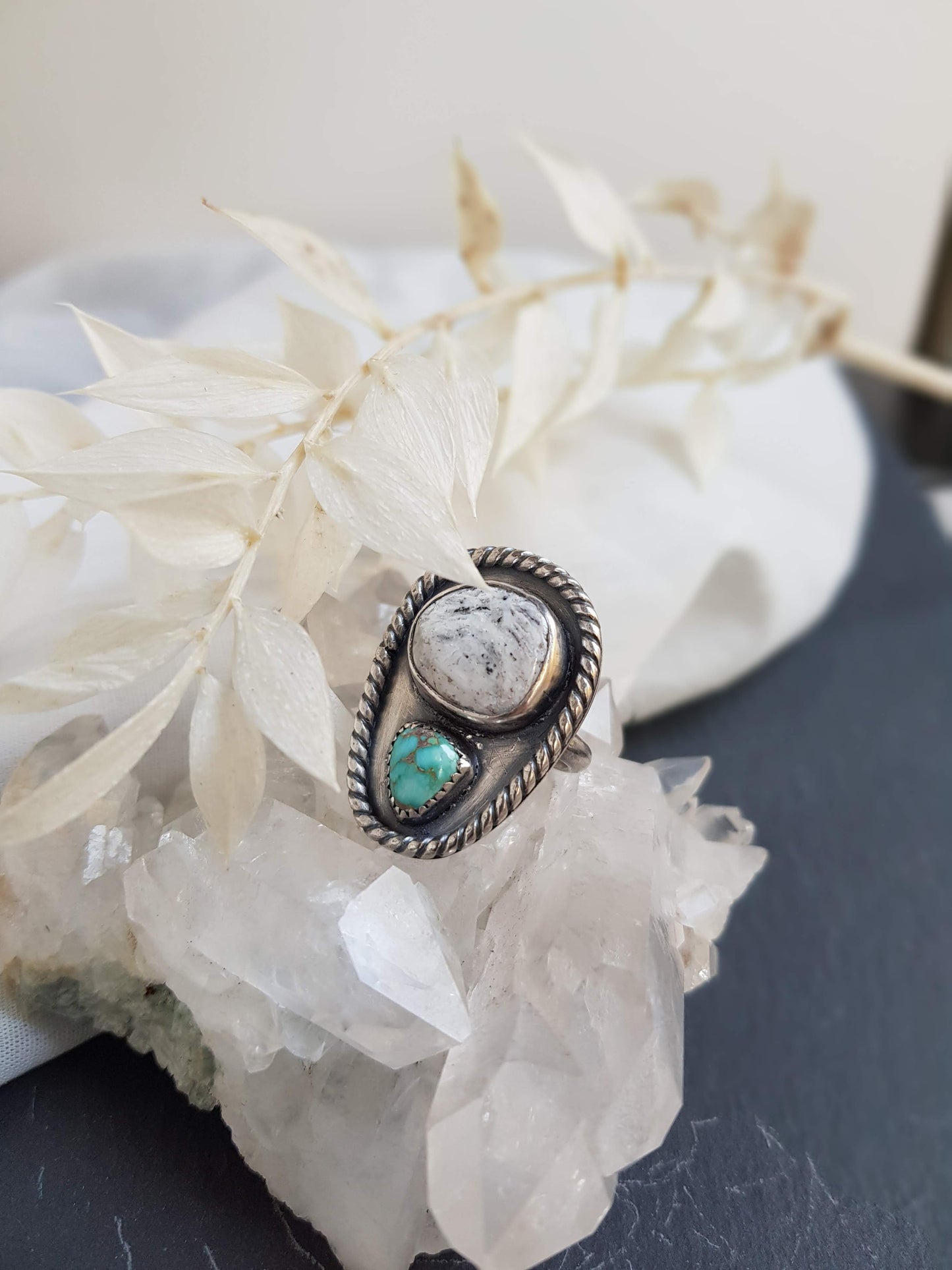 Turquoise and White Buffalo Turquoise Statement Ring - UK size N 1/2 (US 6 3/4)