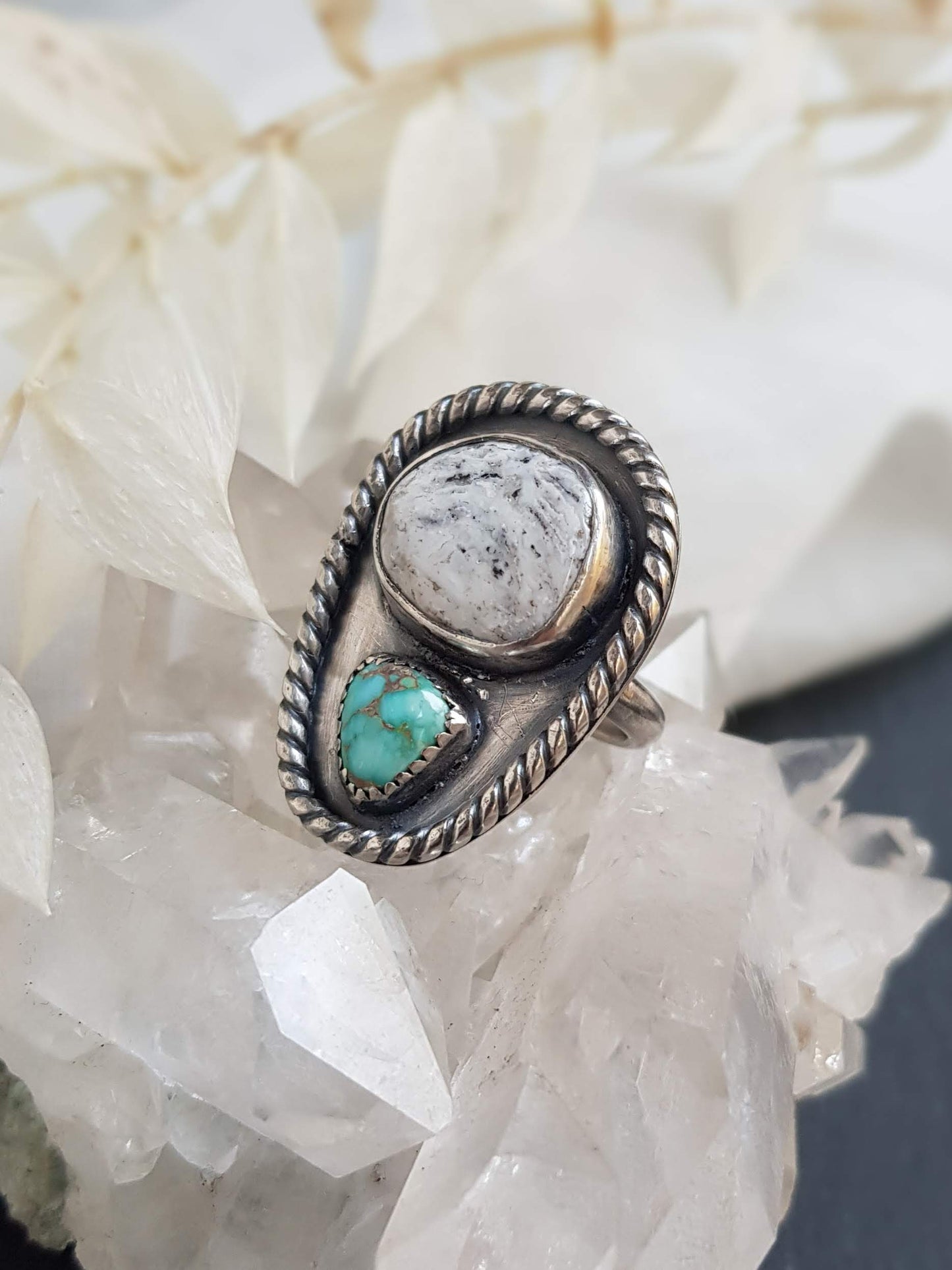 Turquoise and White Buffalo Turquoise Statement Ring - UK size N 1/2 (US 6 3/4)