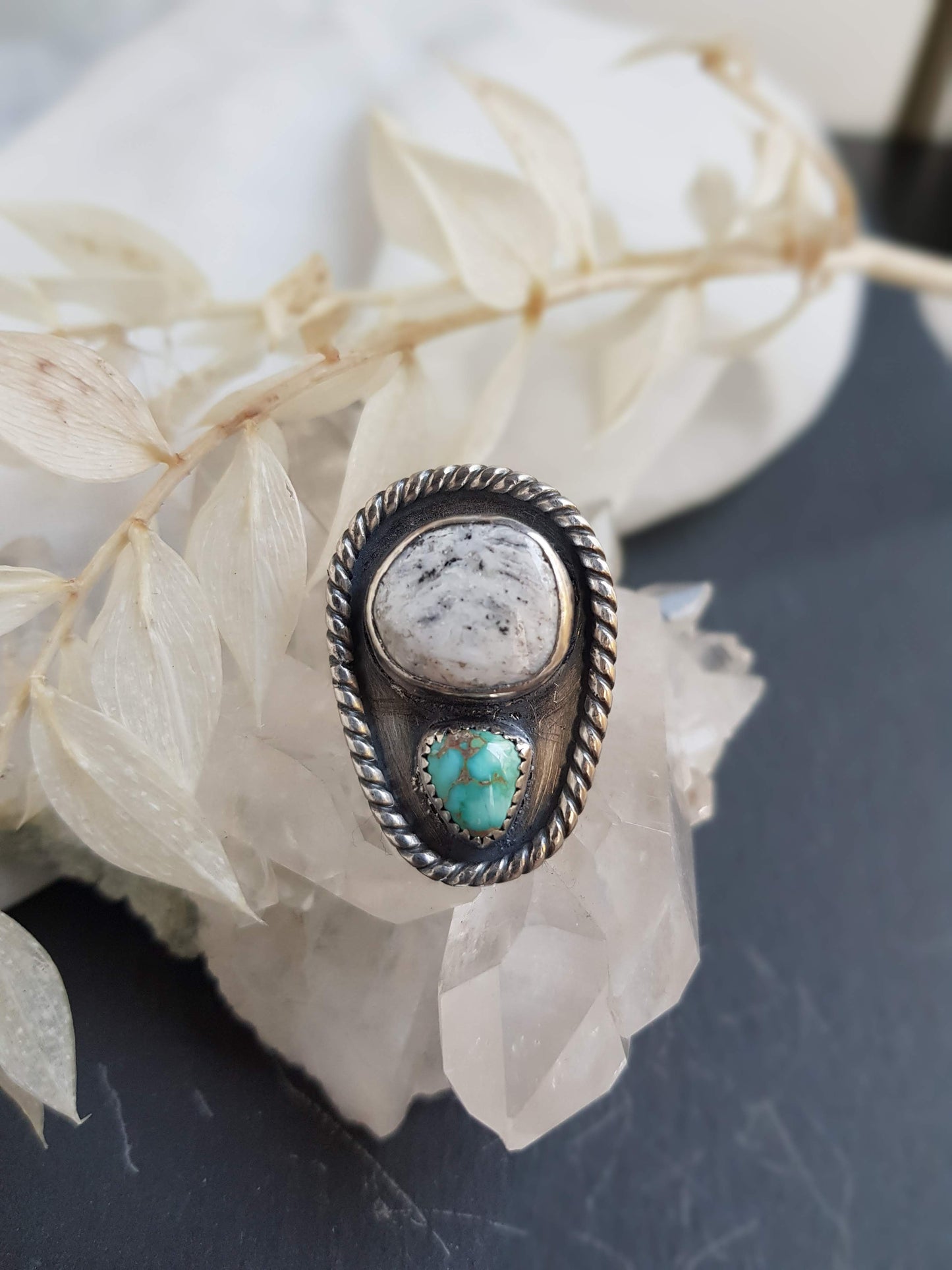 Turquoise and White Buffalo Turquoise Statement Ring - UK size N 1/2 (US 6 3/4)